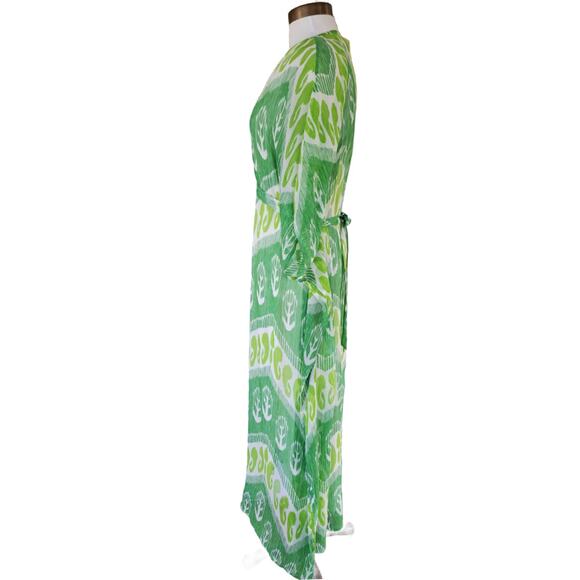 J. McLaughlin Libre Silk Caftan Maxi Dress Size M/L Resort Green Flowy Boho Chic - Picture 4 of 11